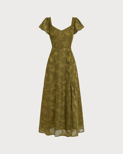 Green Sweetheart Neck Jacquard Maxi Dress