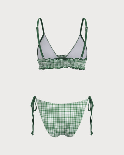 Green Plaid Drawstring Bikini Set