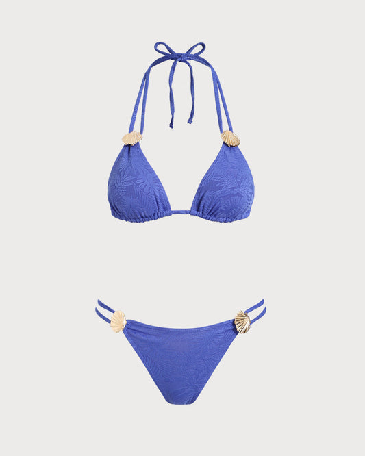 Blue Textured Halter Triangle Bikini Set