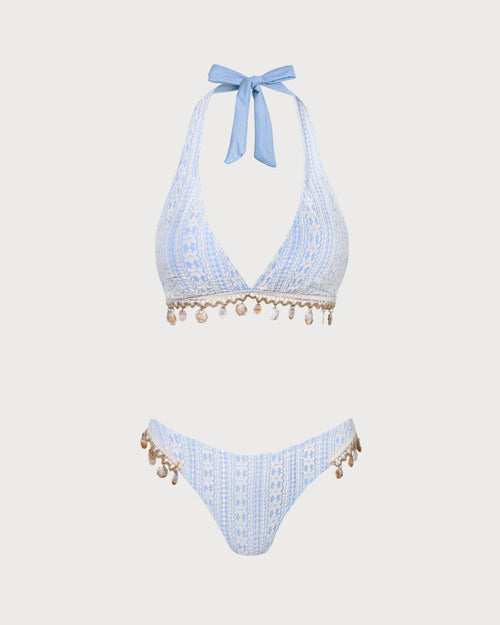 Blue Floral Halter Triangle Bikini Set