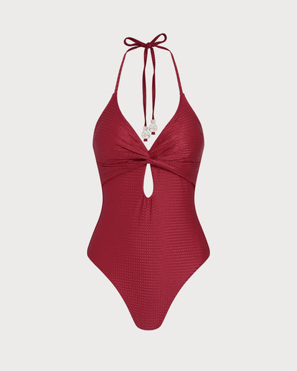 Red Halter Bralette One Piece Swimwear