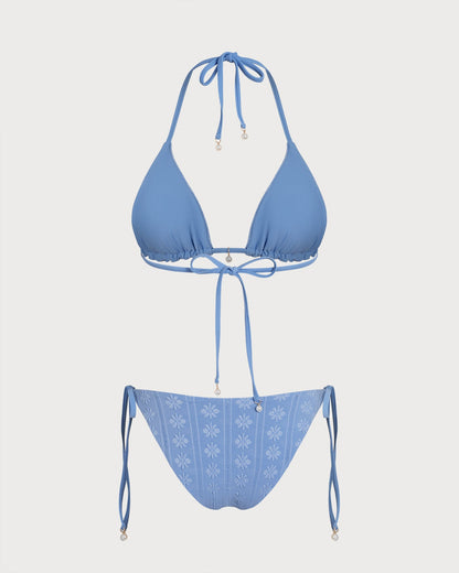 Blue Halter Triangle Reversible Bikini Set