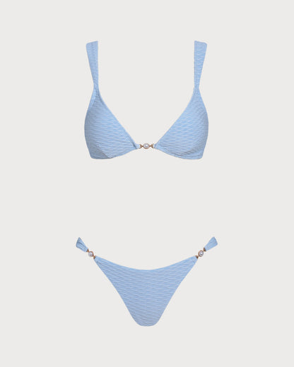 Blue Textured Triangle Bikini Set