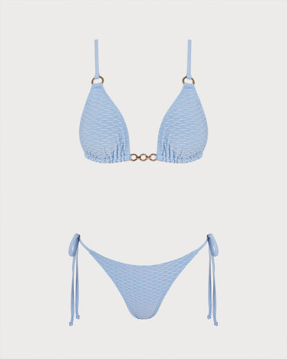 Blue V Neck O-Ring Triangle Bikini Set