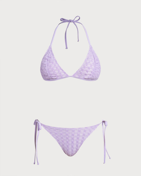 Purple Textured Halter Drawstring Bikini Set