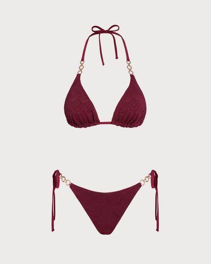 Brick Red Halter Drawstring Reversible Bikini Set