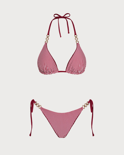 Brick Red Halter Drawstring Reversible Bikini Set