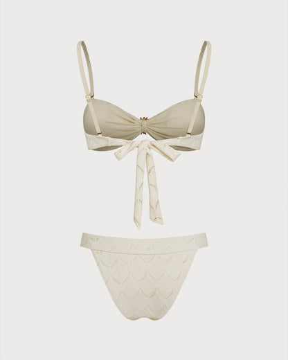 Off White Drawstring Bandeau Bikini Set