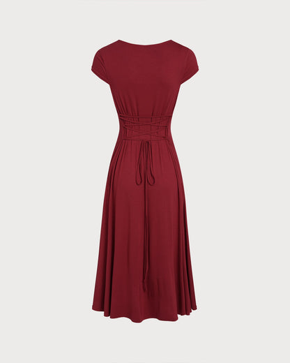 Red Square Neck Pocket Midi Dress