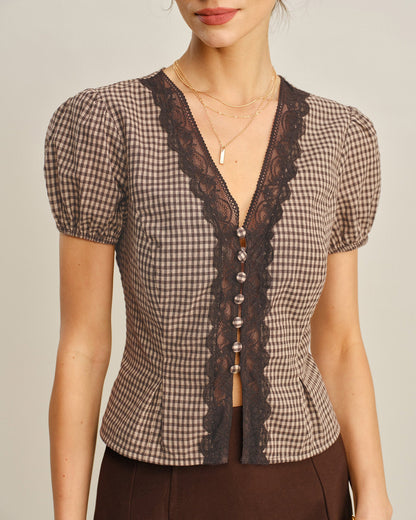 Brown V Neck Puffed Sleeve Plaid Blouse