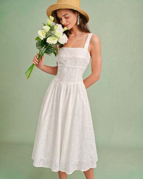 White Square Neck Slip Midi Dress