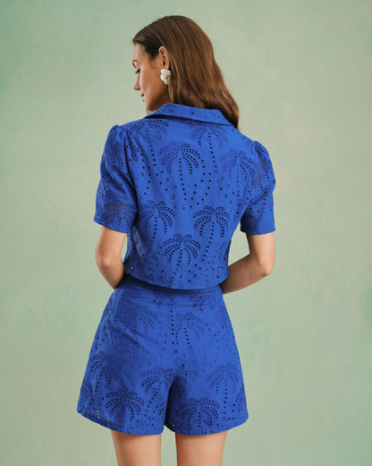 Blue Embroidery Cotton Shorts