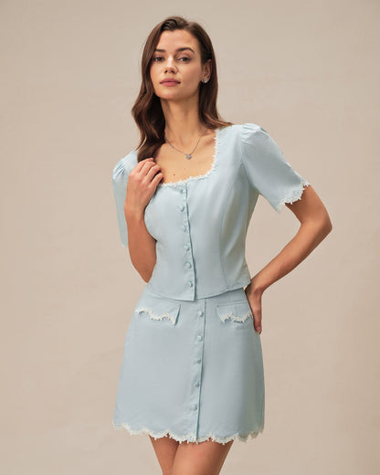 Light Blue Lace Pocket Button Mini Skirt