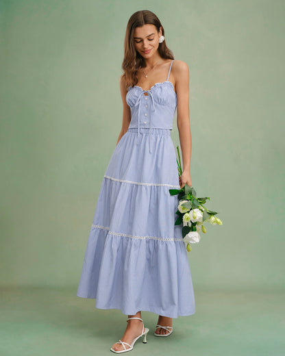 Blue Elastic Waist Midi Skirt
