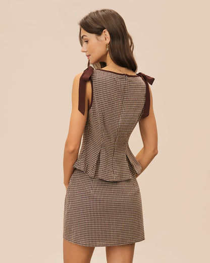 Brown Plaid Cotton Mini Skirt