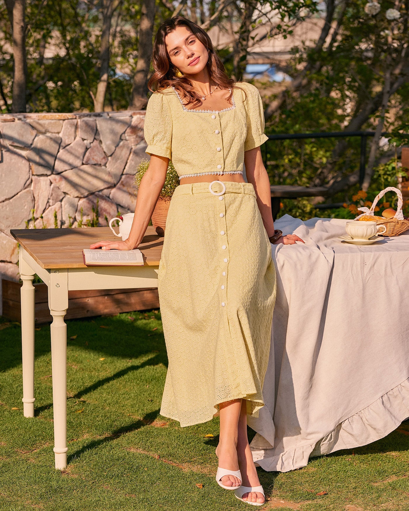 Yellow Embroidery Button Midi Skirt