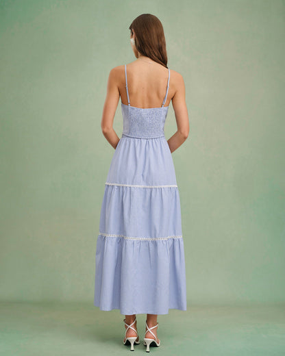 Blue Elastic Waist Midi Skirt