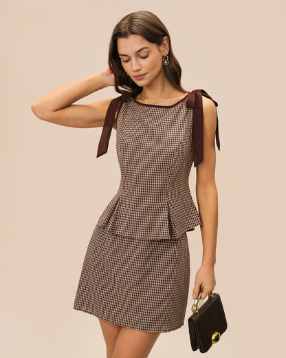 Brown Boat Neck Plaid Tank Top