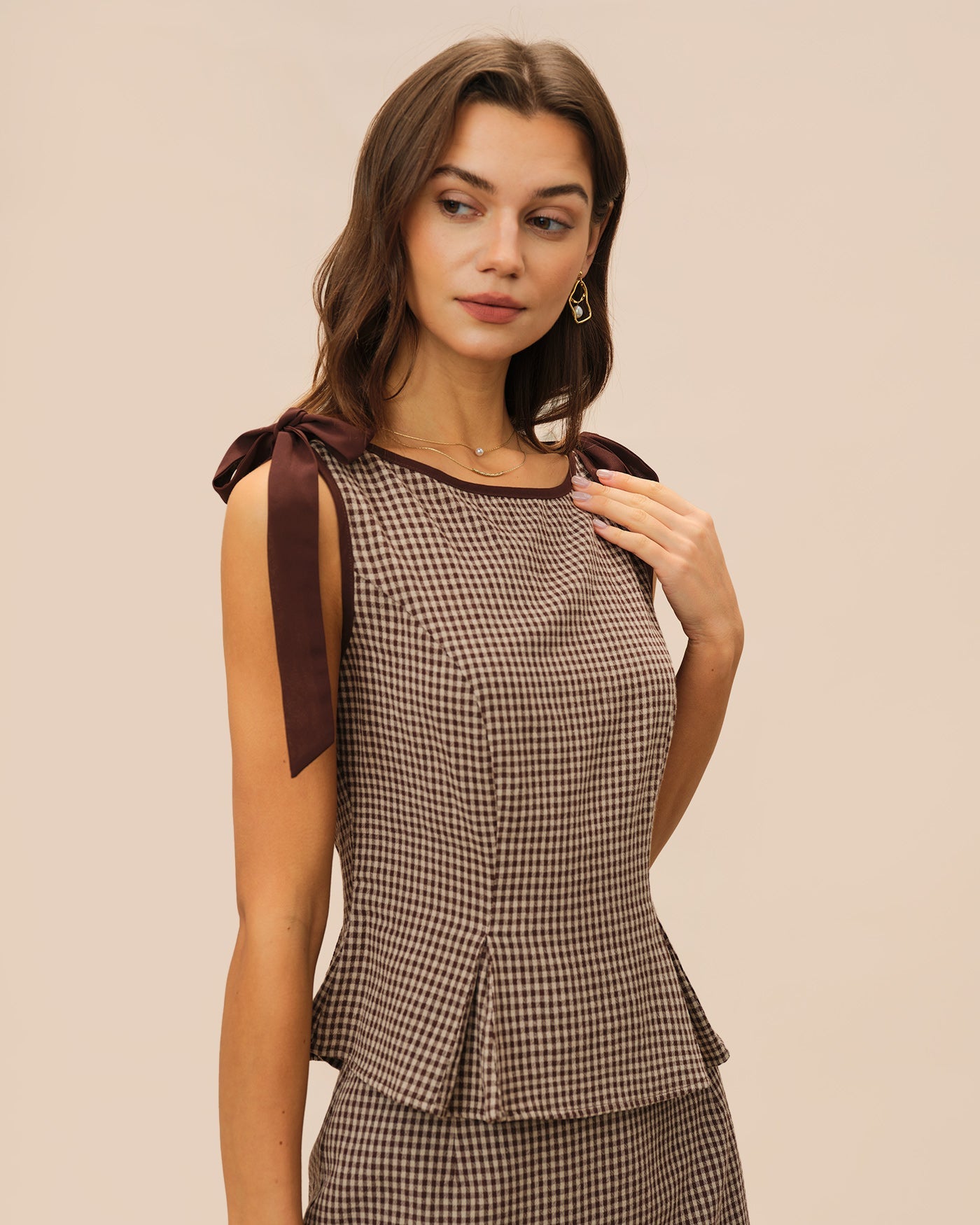 Brown Boat Neck Plaid Tank Top