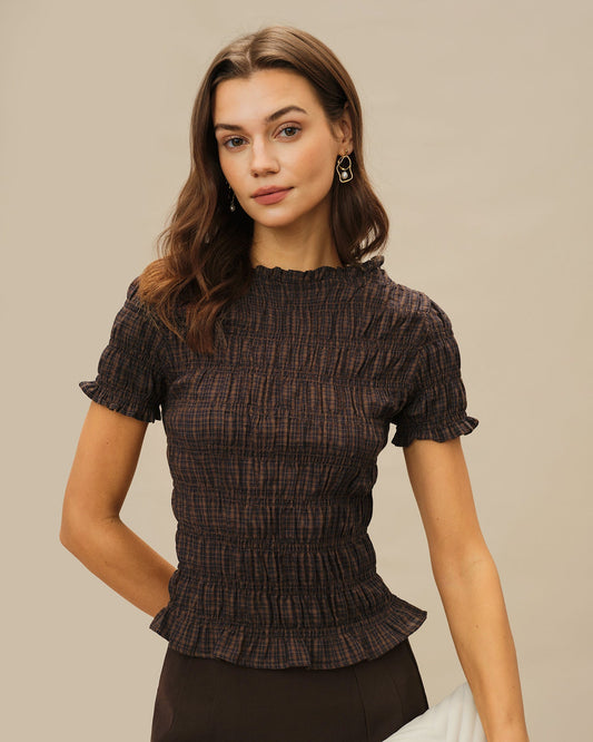 Coffee Plaid Shirred Tee