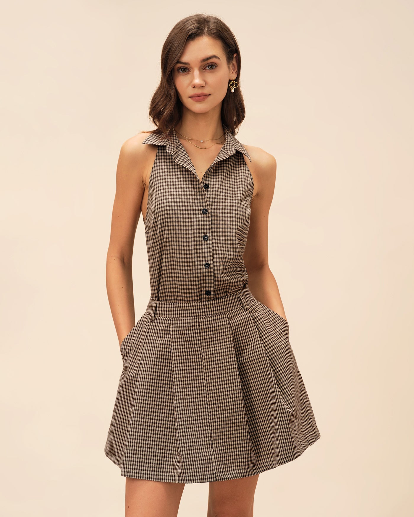Brown Plaid Collar Blouse