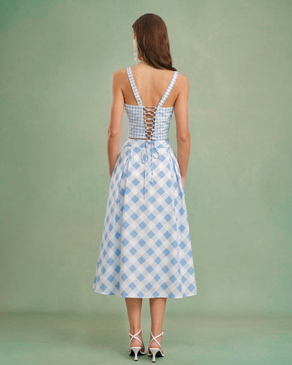 Blue X Cross Tie Plaid Cami Top