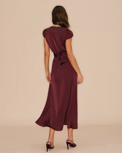 Wine Red V Neck Lace Maxi Dress