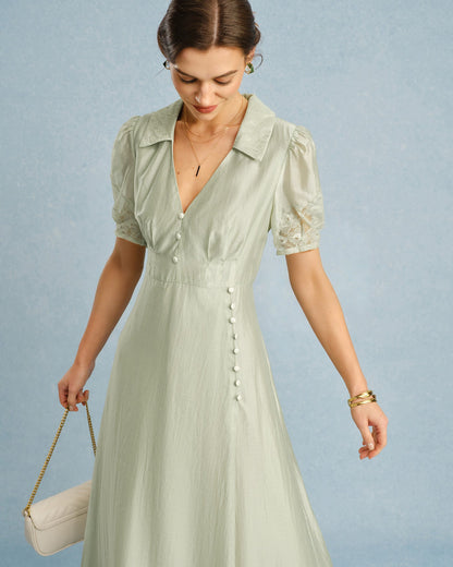 Green V Neck Button Maxi Dress