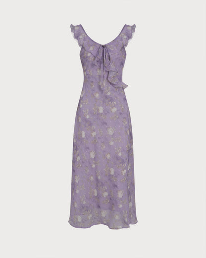 Purple Ruffle Floral Slip Maxi Dress