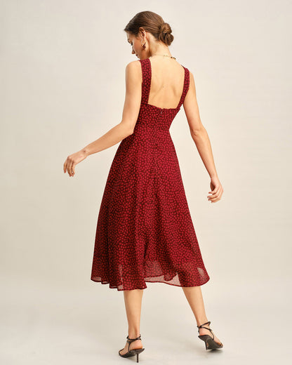 Red Sweetheart Neck Floral Midi Dress