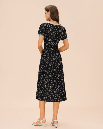 Black V Neck Lace Floral Midi Dress