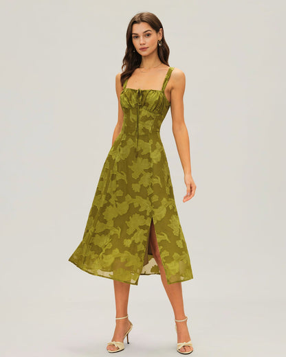Green Square Neck Jacquard Midi Dress