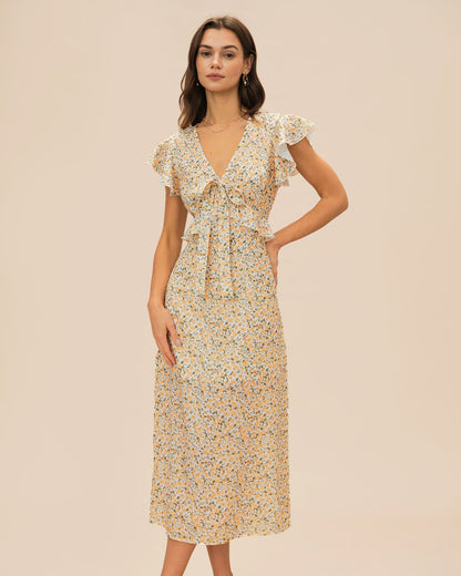 Yellow V Neck Floral Ruffle Midi Dress