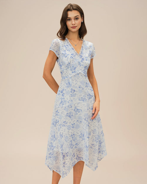 Blue V Neck Floral Midi Dress