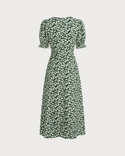 Green Floral V Neck Midi Dress