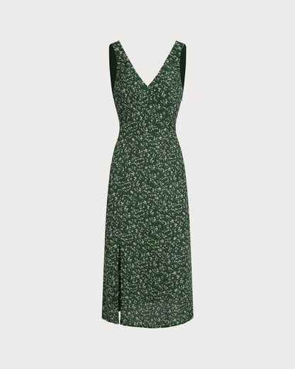 Green V Neck Floral Midi Dress