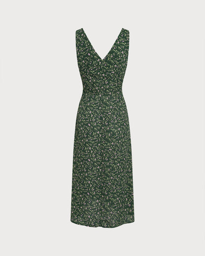 Green V Neck Floral Midi Dress