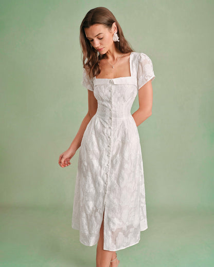 White Square Neck X Cross Midi Dress