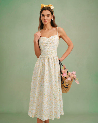 Yellow Sweetheart Neck Floral Slip Midi Dress