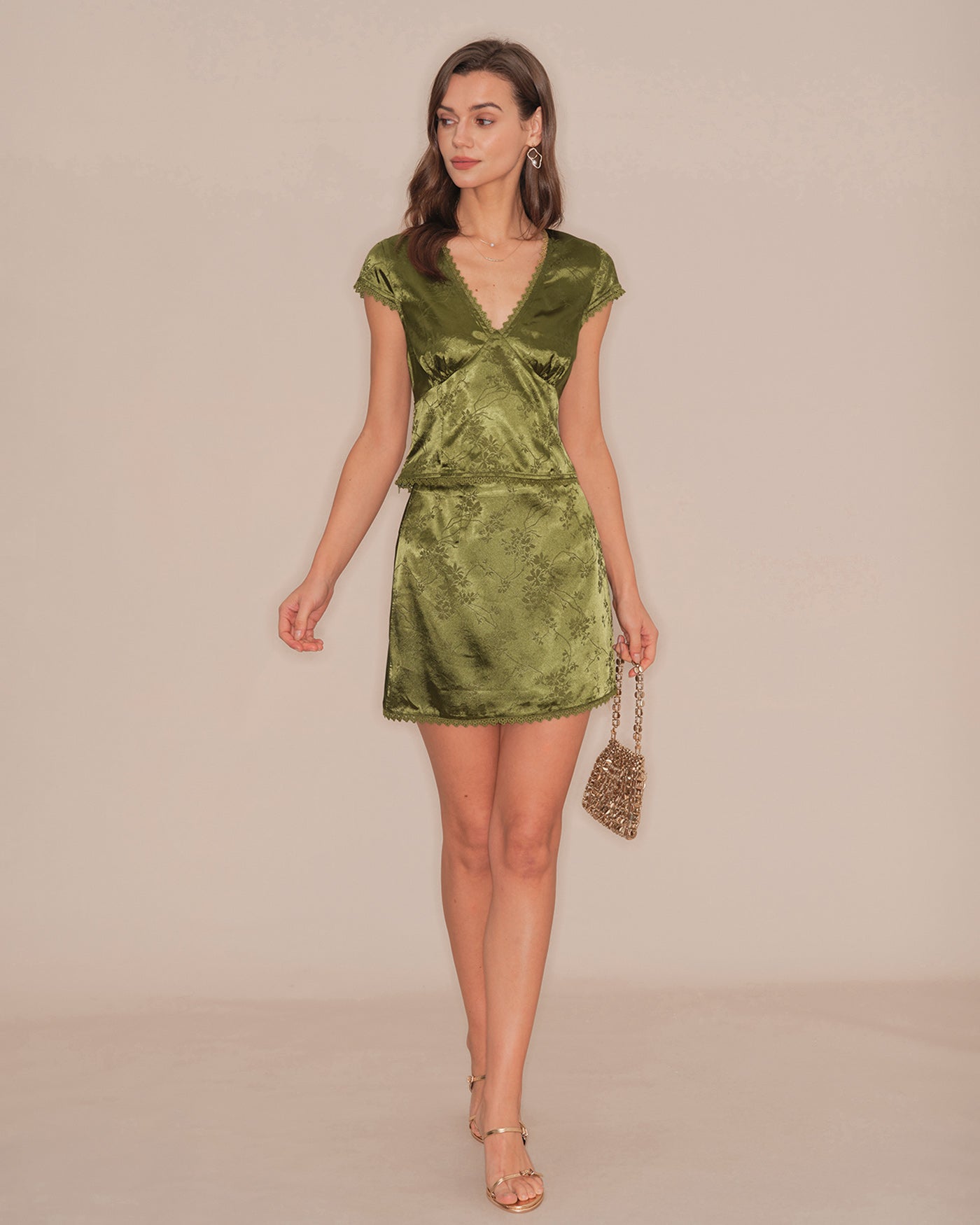 Green Floral Satin Mini Skirt