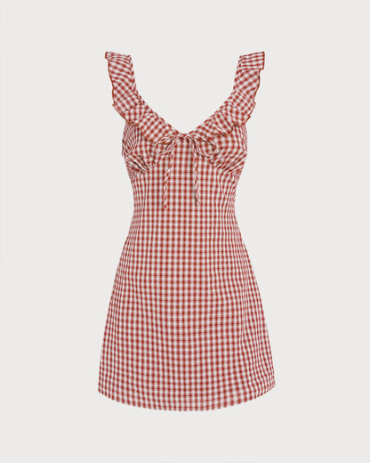 Red V Neck Plaid Slip Mini Dress