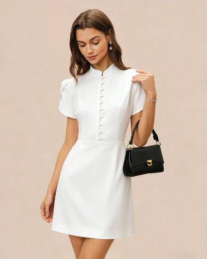 White Mandarin Collar Button Mini Dress