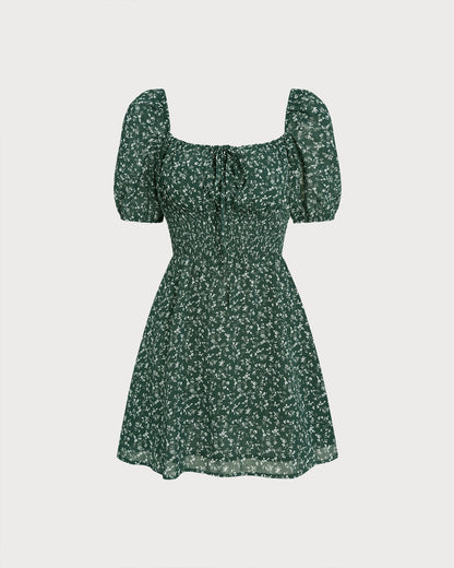 Green Square Neck Floral Mini Dress