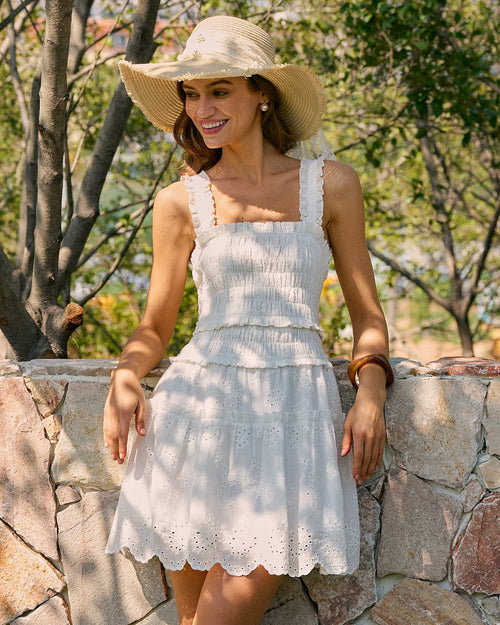 White Square Neck Shirred Mini Dress