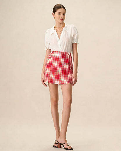 Red Plaid Button Skort