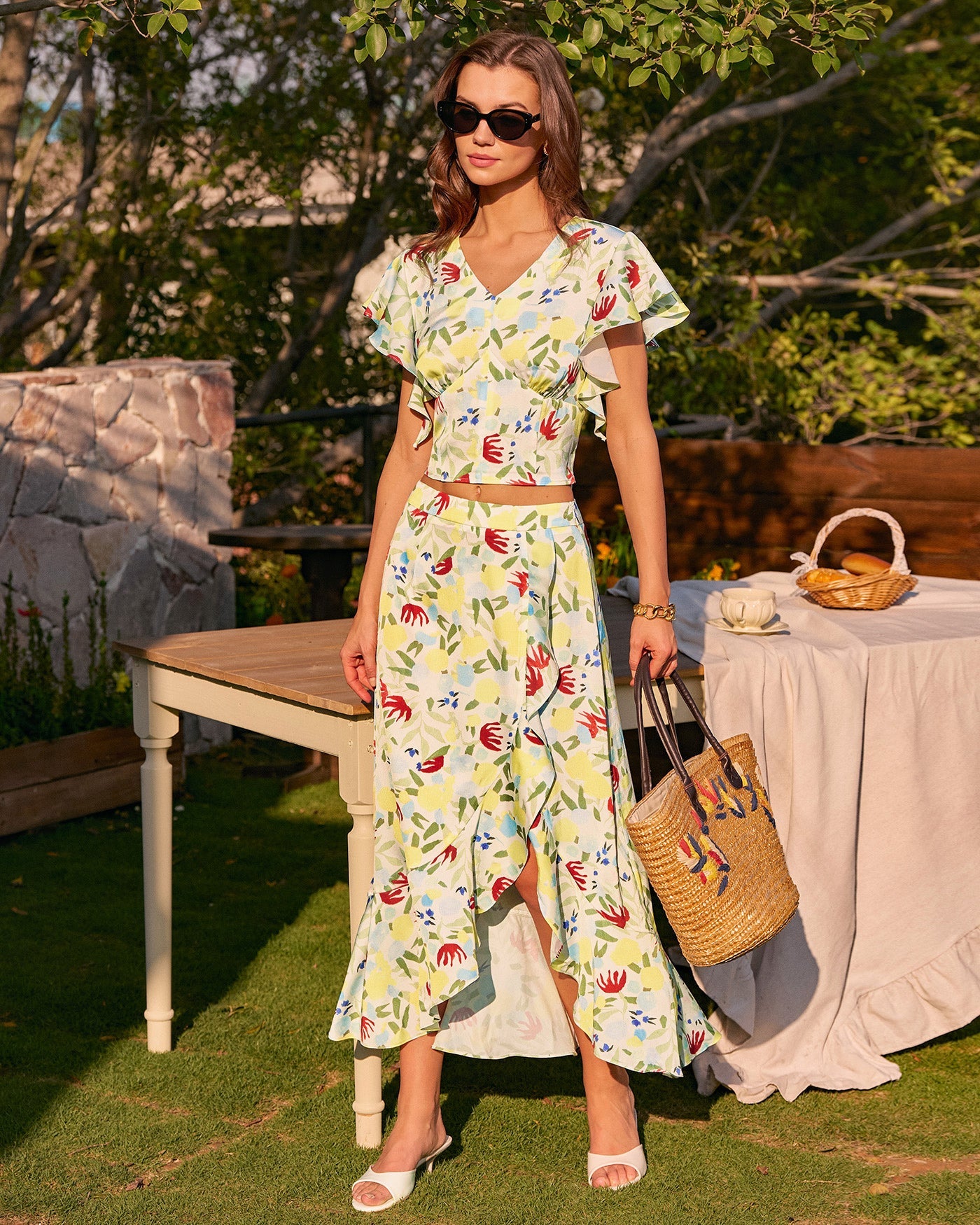 Floral Ruffle A-Line Midi Skirt