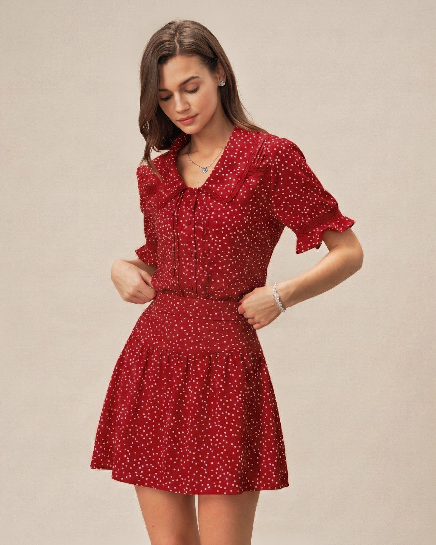 Red Polka Dot Ruched Mini Skirt