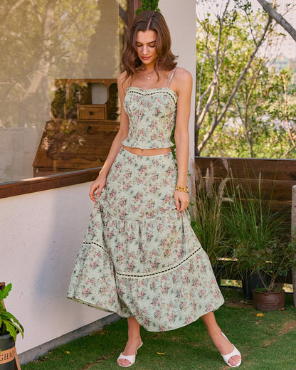 Green Floral A-Line Midi Skirt