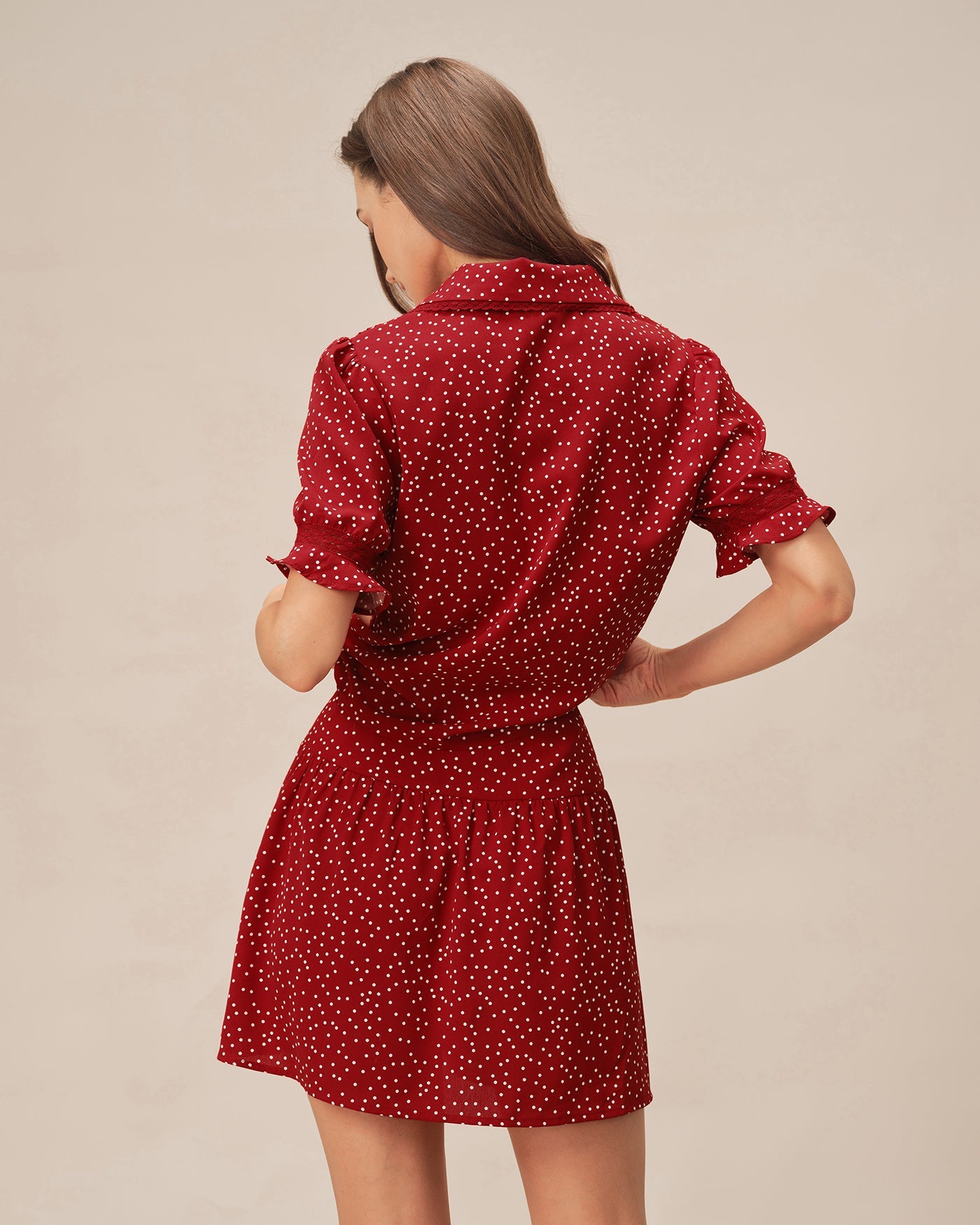 Red Polka Dot Ruched Mini Skirt