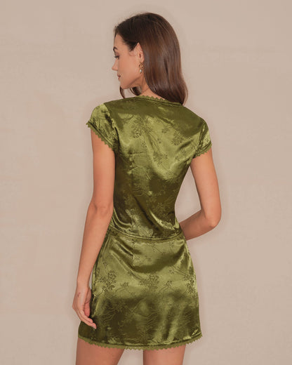 Green V Neck Floral Satin Tee